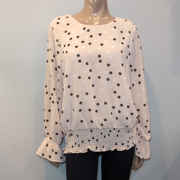 Adrianna Papell Polka Dot Blouse Sheer Layered Bell Flare Sleeve Smocked Hem Top - Picture 9 of 11